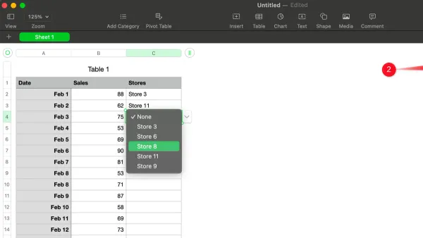 How to add a dropdown menu in Numbers on a MacBook screen