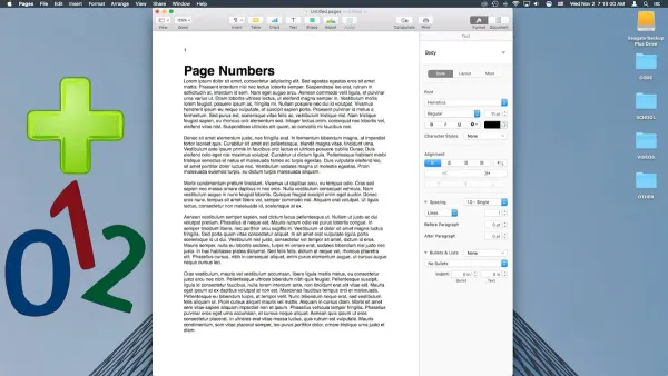 User adding page numbers in Pages on a MacBook screen