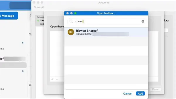 User adding a shared mailbox in Outlook on Mac on a laptop screen
