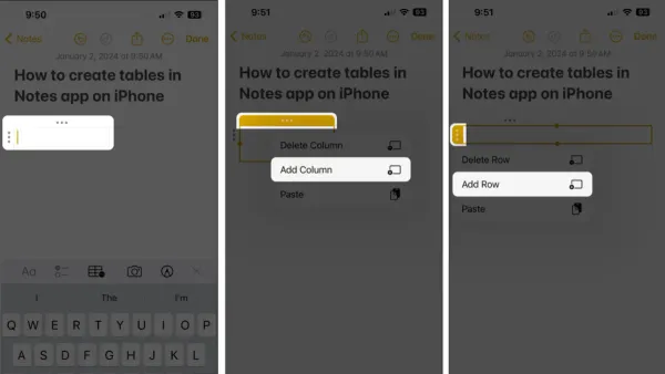 User adding a table in Notes app on iPad showing how to add a table in Notes app