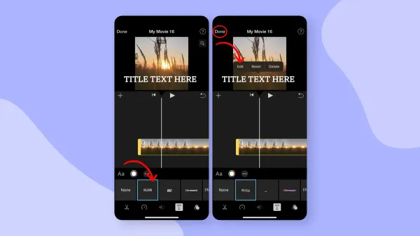 Person adding text titles in iMovie on laptop screen