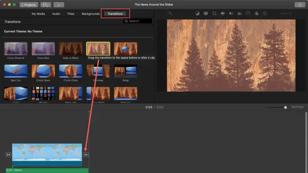 Editing video with how to add transitions in iMovie on laptop screen