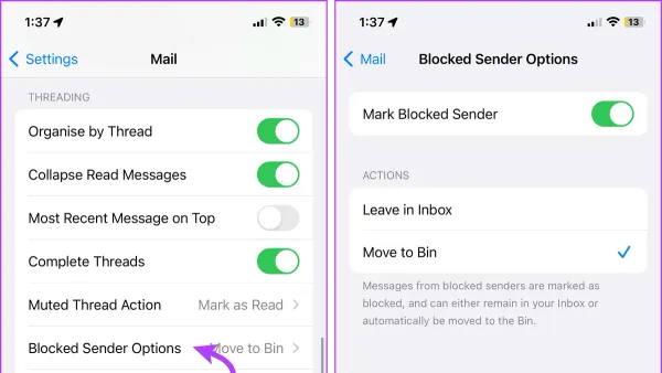 User blocking a sender in Mail app on iPhone to stop unwanted emails