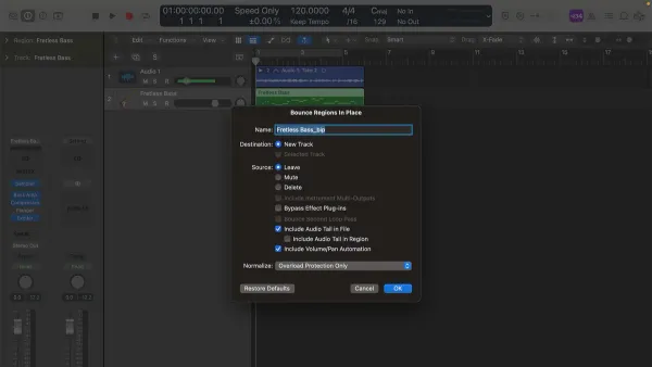 How to bounce a track in Logic Pro displayed on laptop screen with audio tracks