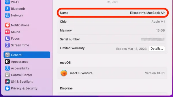 How to change AirDrop name on Mac shown on MacBook screen in System Settings