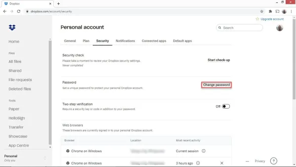 How to change Dropbox password shown on laptop and smartphone screens
