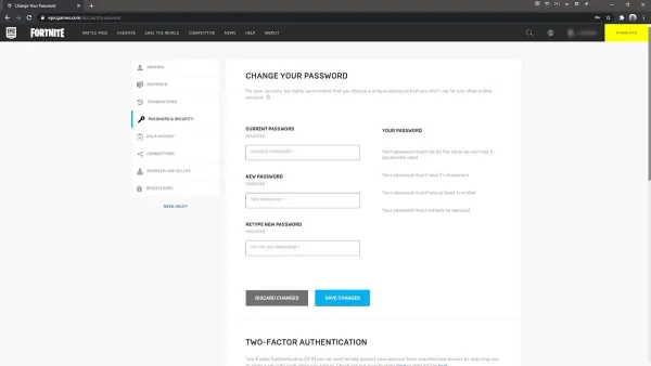 User changing Fortnite password on gaming console showing Fortnite password settings