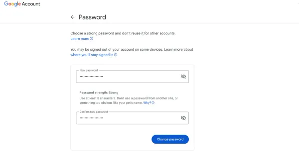 User changing Google Drive password on laptop with Google Account security settings visible