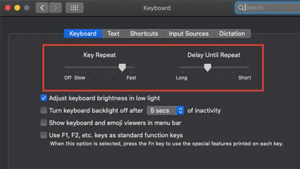 Person adjusting keyboard key repeat speed on Mac in system settings