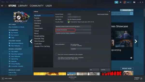 User changing Steam password on laptop for account security