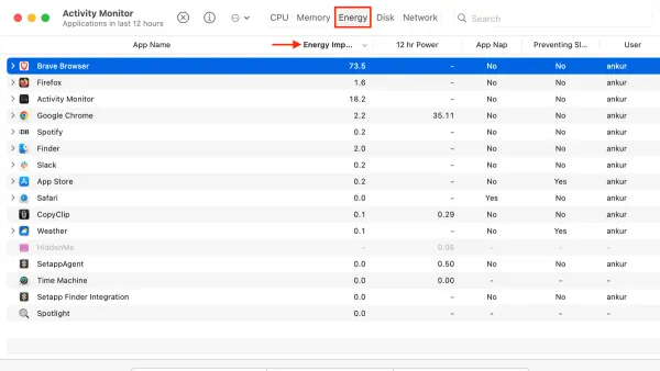 MacBook screen displaying how to check energy impact of apps in Activity Monitor