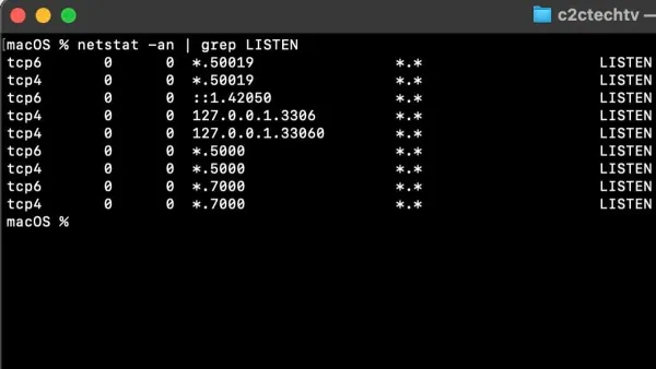 Mac Terminal window showing commands to check open ports in Mac Terminal