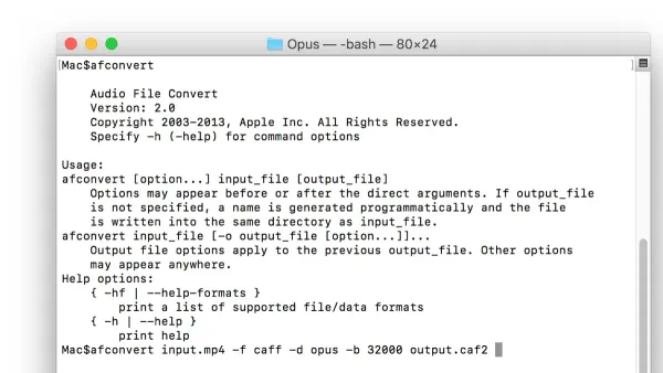 Mac Terminal window displaying how to convert audio with afconvert command
