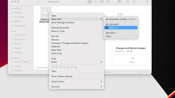 How to convert Automator workflows in Shortcuts app displayed on MacBook screen