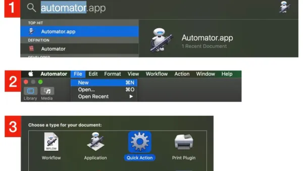 Creating a quick action in Automator on a MacBook screen