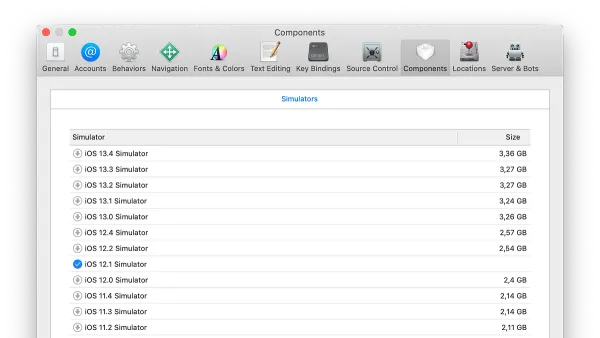 Xcode window displaying how to delete old simulators in Xcode to free disk space