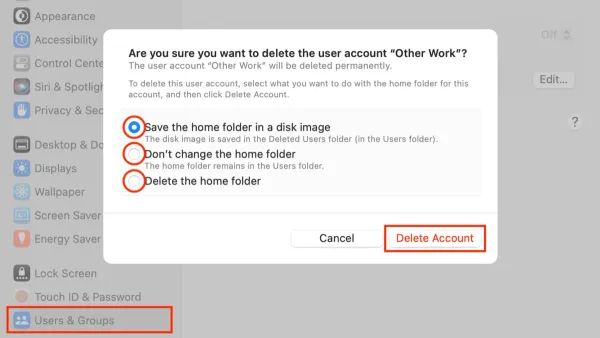 How to delete a user account on Mac shown on MacBook screen