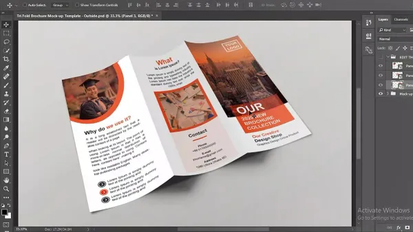 User designing a professional brochure in Pages on a Mac screen