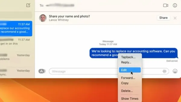 How to edit a sent message in Messages on Mac shown on laptop screen