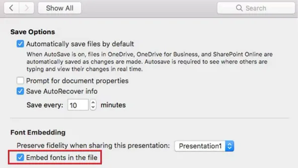 How to embed fonts in PowerPoint on Mac shown on a MacBook screen