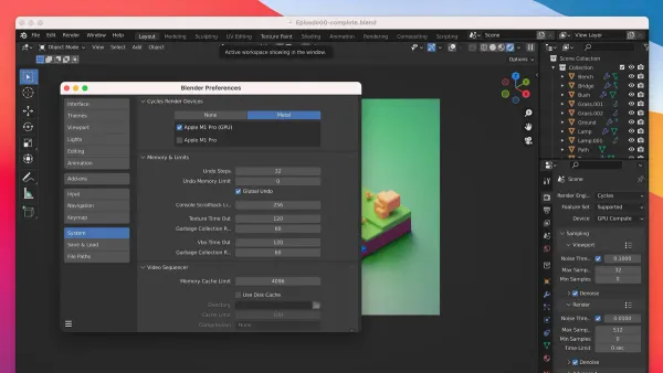 Mac screen displaying Blender with Metal GPU rendering enabled for faster 3D rendering