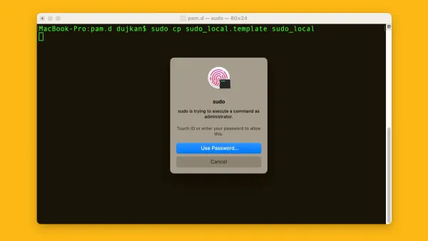 Mac Terminal showing sudo command with Touch ID enabled for authentication