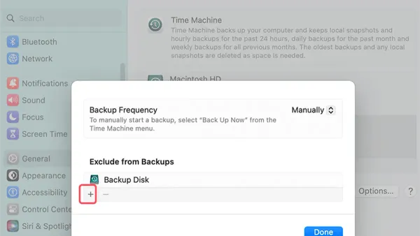 Macbook screen displaying how to exclude folders from backup in Time Machine settings