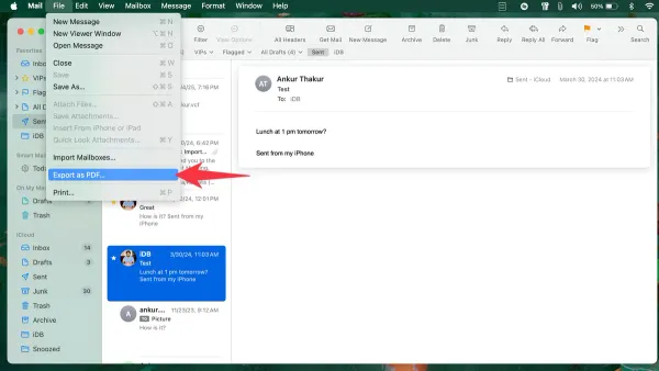 User exporting emails to PDF in Mail app on MacBook screen