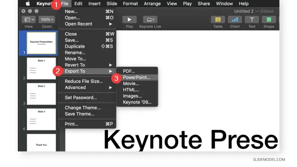 How to export Keynote to PowerPoint in Keynote shown on a MacBook screen