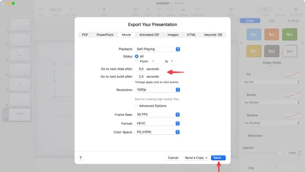 Person exporting a presentation as video in Keynote on a Mac laptop