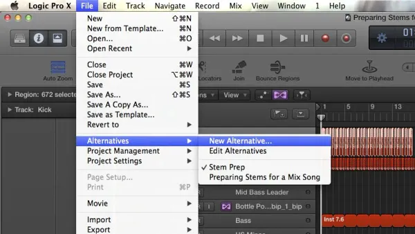 Logic Pro screen showing how to export stems in Logic Pro during music production