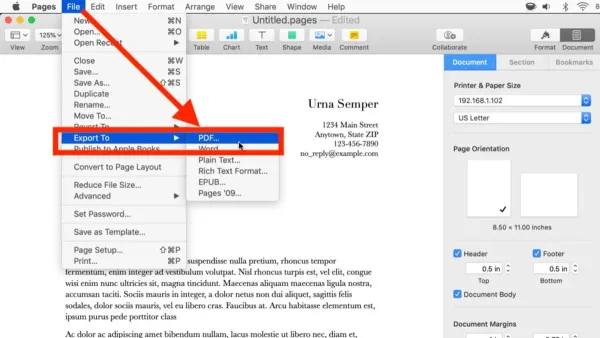 How to export to PDF in Pages shown on MacBook and iPad screens