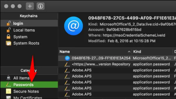 How to find saved Wi-Fi passwords in Keychain Access on a MacBook screen