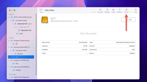 External drive not mounting in Disk Utility on a Mac screen showing troubleshooting steps