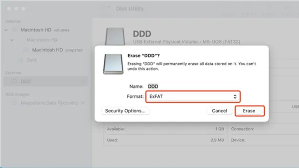 Screen displaying how to format a USB drive as exFAT in Disk Utility on a Mac