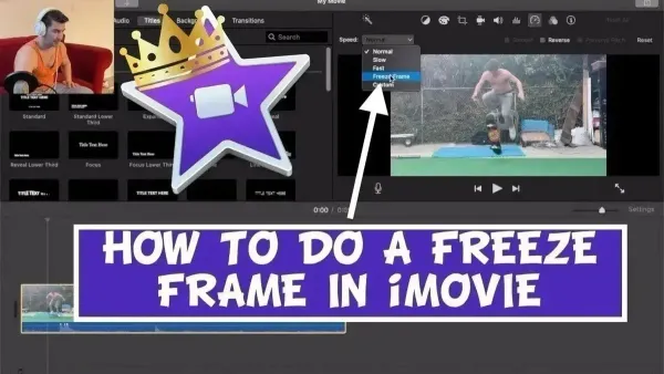 How to freeze a frame in iMovie displayed on a laptop and tablet screen