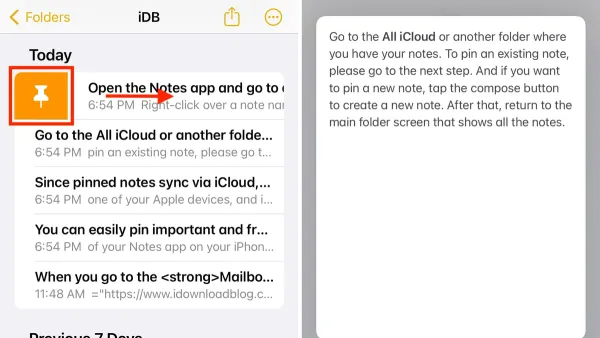 User pinning a note in Notes app on smartphone for easy access