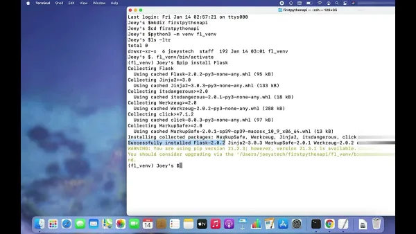 MacBook terminal window showing commands to install Flask on Mac
