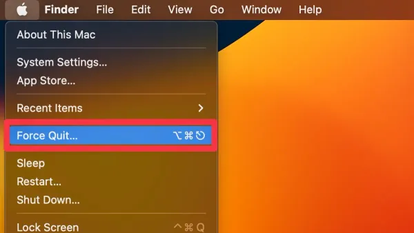 MacBook screen showing mac force quit window to close unresponsive apps