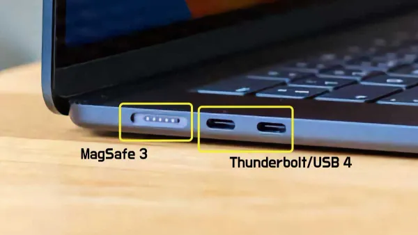 MacBook Air 15 inch M5 connected to external monitor showing Thunderbolt usage