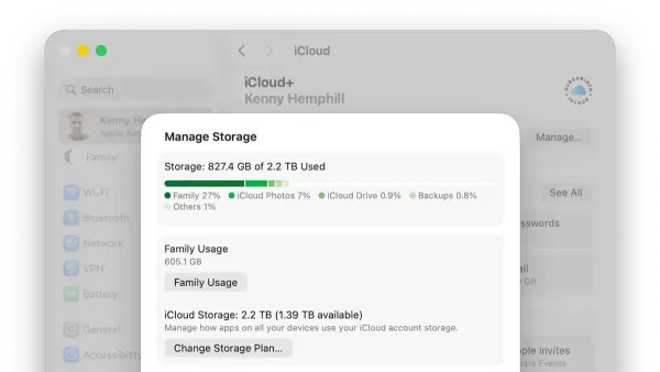 User managing iCloud storage on Mac screen showing storage details and management options