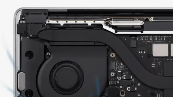 MacBook Pro M1 Pro fan noise visible through cooling vents during use