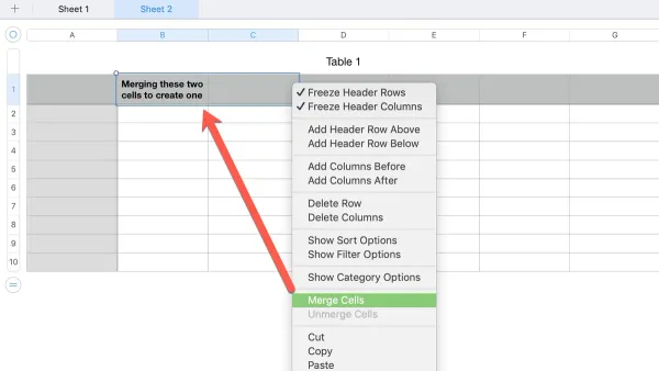 How to merge cells in Numbers shown on a MacBook screen with a spreadsheet open