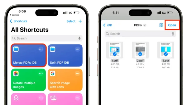 Person merging PDFs with a shortcut in Shortcuts app on iPhone screen