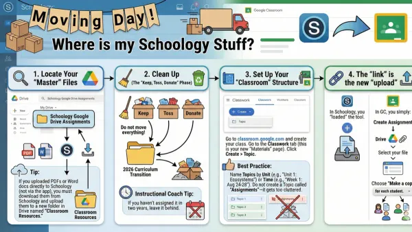Teacher following moving from Schoology to Google Classroom checklist on laptop in classroom