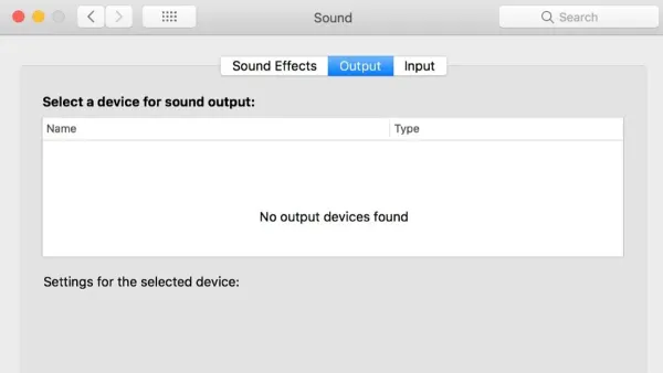 Fix no output devices found on Mac showing MacBook audio settings with no output devices
