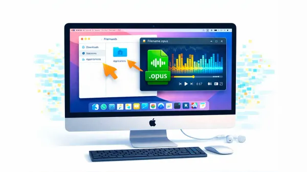 MacBook screen showing how to open.opus file on Mac with headphones nearby