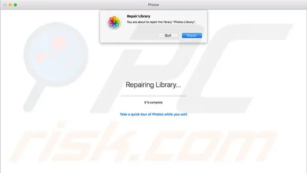 Mac screen displaying Photos library needs repair message with repair steps