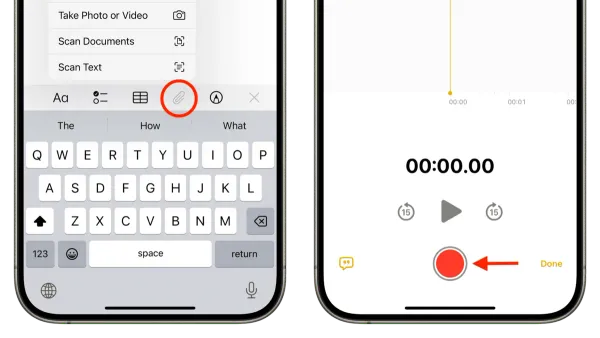 User recording audio in Notes in Notes app on an iPhone