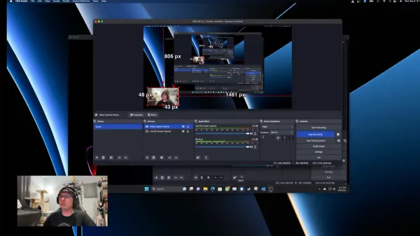 Person recording with webcam overlay in OBS Studio on Mac screen